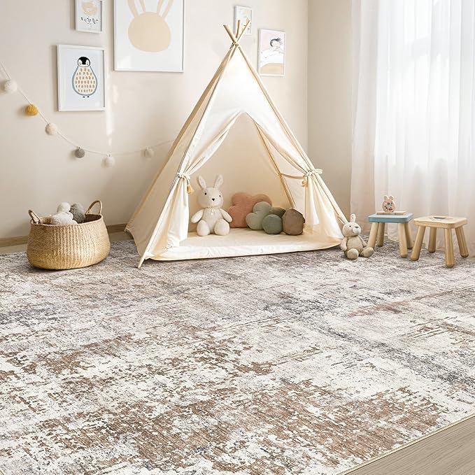 UERMEI 6x8 Area Rug Living Room Rugs - Washable Neutral Modern Abstract Soft Thin Rug Indoor Floor No Slip Rug Carpet for Bedroom Under Dining Table Home Office Decor - Brown/Grey/Red
