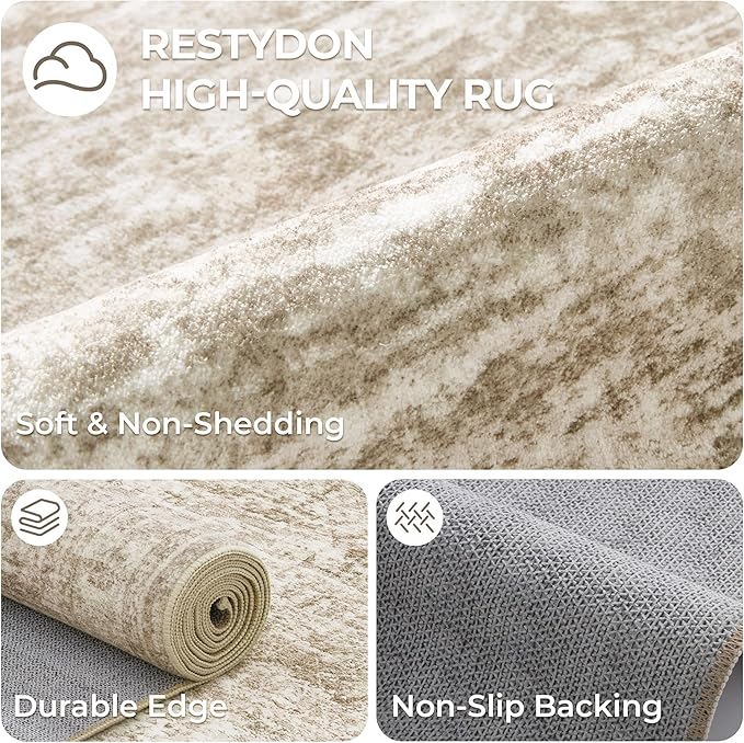 6x9 Rug for Living Room,Soft Low Pile Indoor Washable Rugs for Bedroom, Non-Slip Backing Vintage Large Area Rug, Printed Abstract Carpet(6'x9', Brown/Ivory)