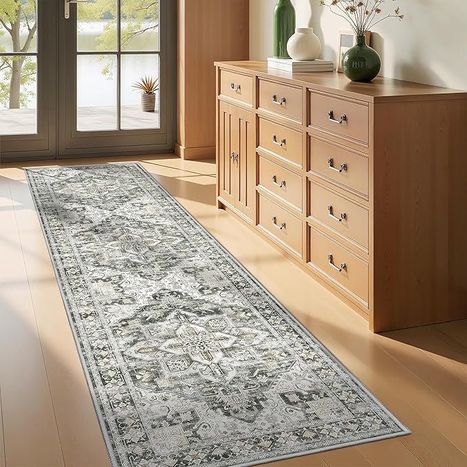 Runner Rug 2x8 Runners for Hallways Non Slip Washable, Vintage Hallway Runner Rugs for Living Room, Low Pile Soft Hallway Rug for Kitchen Bedroom Laundry Room Rug(Grey/Beige,2'x8')