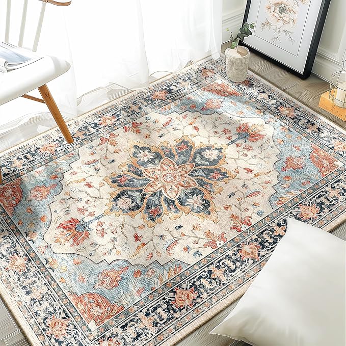 RELEANY Area Rugs 3'x5' Washable Non-Slip, Floral Vintage Distress Print Pattern Medallion Carpet for Living Room Bedroom Dining Room, Beige Navy Blue Orange Colorful