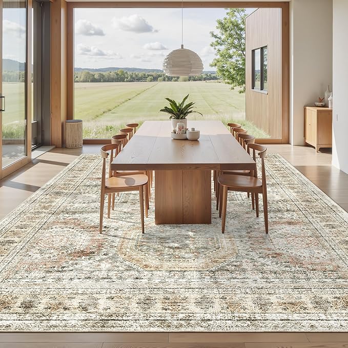 10x14 Area Rugs for Living Room, Non Slip Machine Washable Vintage Rugs, Low Pile Lightweight Large Rug for Bedroom, Dining Room, Home Office Brown Pink