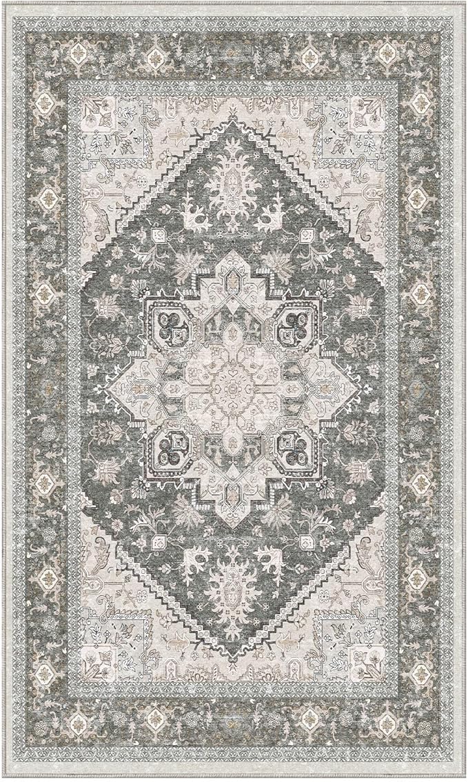 OPPODREAM Soft Area Rugs 3x5, Washable Rugs with Non Slip Backing, Low-Pile Throw 3x5 Carpet, Faux Cashmere 3 x 5 Carpet, Greenish Grey