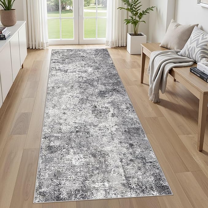 UERMEI 3X8 Washable Runner Rug for Hallway: Soft Neutral Modern Abstract Area Rug - Non-Slip Low Pile Long Throw Indoor Carpet for Kitchen Entryway Kitchen Bedroom Laundry Bathroom - Grey