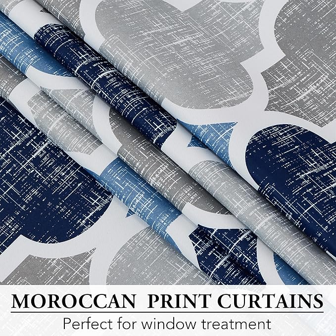 Beauoop 100% Blackout Curtains 96 Inches Long 2 Panels for Bedroom Living Room Blue Grey Moroccan Geo Room Darkening Thermal Insulated Soundproof Grommet Top Window Treatments Drapes, 50x96 Set of 2