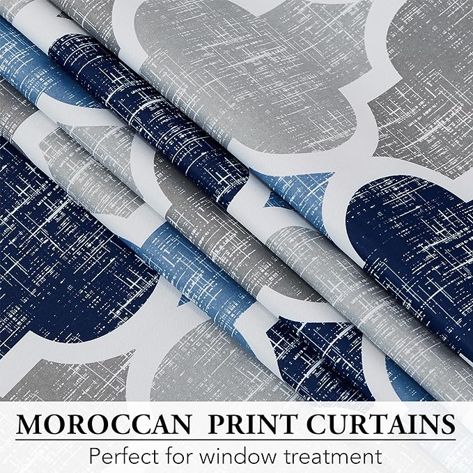 Beauoop 100% Blackout Curtains 63 Inches Long 2 Panels for Bedroom Living Room Blue Grey Moroccan Geo Room Darkening Thermal Insulated Soundproof Rod Pocket Back Tab Window Treatments Drapes, 50x63