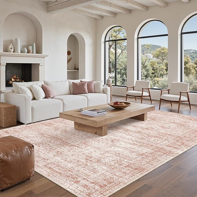 Soalmost 9x12 Area Rugs for Living Room, Non Slip Machine Washable Vintage Rugs, Low Pile Lightweight Large Rug for Bedroom, Dining Room, Home Office Pink