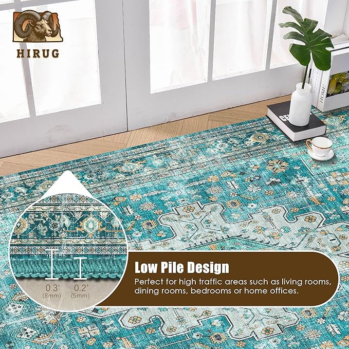 Washable Area Rug 9' x 12' Vintage Traditional Persian Mat - Foldable Distressed Non-Slip Machine Washable Carpet for Living Room Bedroom Kitchen Home Decor - Teal and Gold