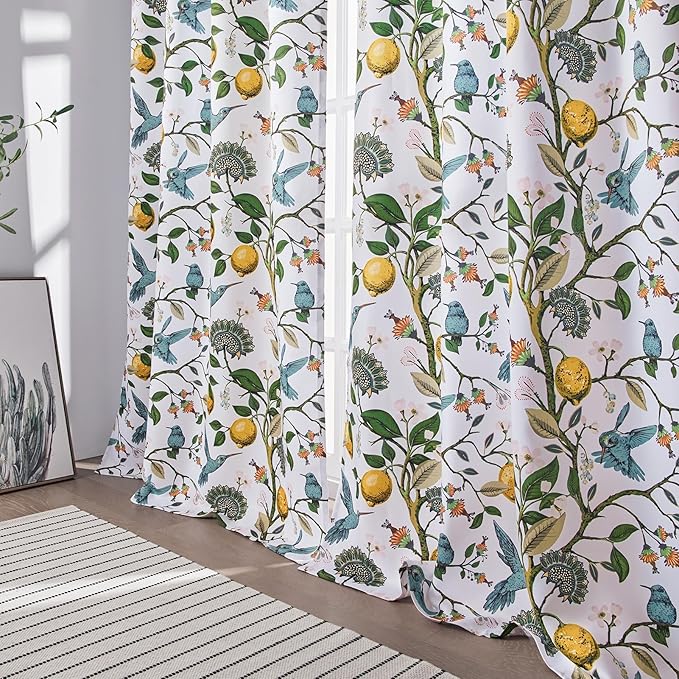 Topfinel White Pretty Pioneer Woman Blackout Curtains 63 Inches Length 2 Panels, Aesthetic Retro Botanical Floral Hummingbird Printed Soundproof Grommet Drapery Treatment for Nursery Kid Classroom