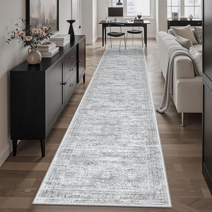 Runner Rug 2x12 Washable Non-Slip Hallway Runner Rugs for Kitchen Bathroom Laundry Room Grey Vintage Floor Carpet Runners for Hallways Entryway