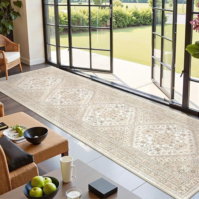 Runner Rug 2x10, Ultra-Thin Kitchen Rugs Non Slip Washable Rugs for Entryway Rug, Kitchen Runner Low Pile Vintage Soft Carpets for Living Room, Bathroom Bedroom (Cream/Beige,2'x10')