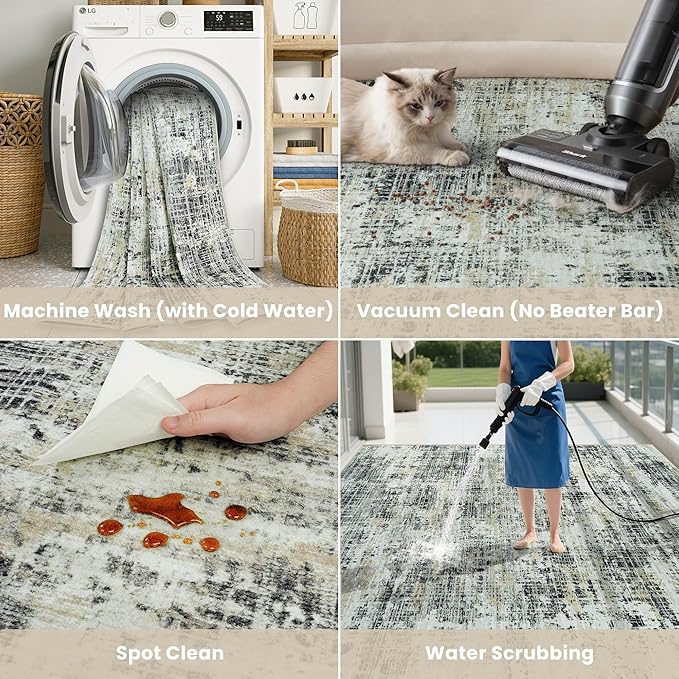 9x12 Area Rugs for Living Room Washable Rug: Anti-Skid Abstract Modern Living Room Rug Soft Thin Carpets Indoor Floor Non-Shedding Carpet for Bedroom Dining Farmhouse Nursery Black Gray Gold
