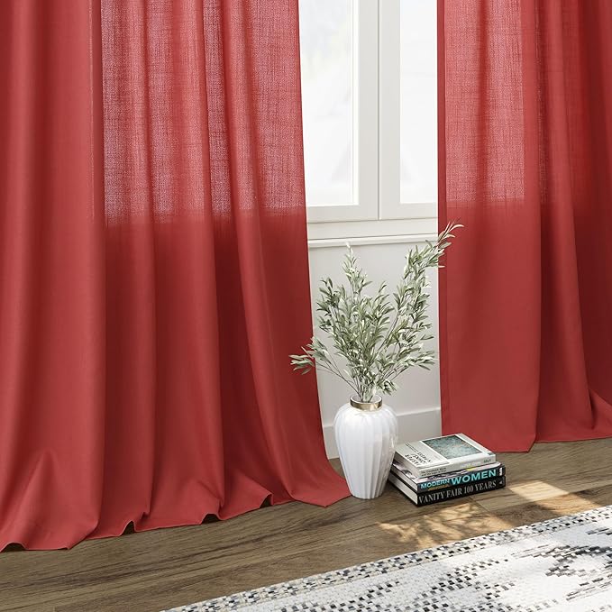 Christmas Red Linen Curtains 72 Inches Long for Living Room Light Filtering Semi Sheer Curtain Back Tab and Rod Pocket Vintage Rustic Luxury Home Decor Neutral Drapes for Bedroom 52x72, 2 Panels