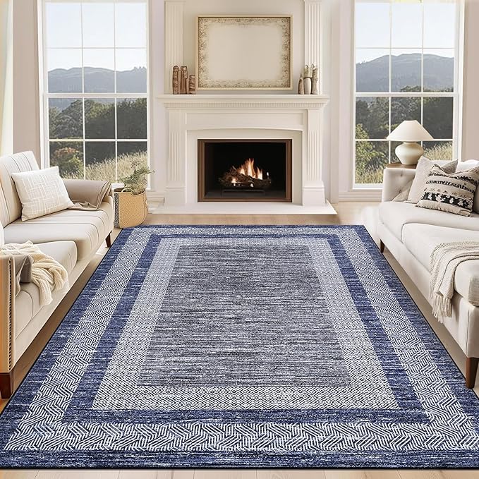 GarveeHome 2x6 Modern Bordered Runner Rug Soft Non Slip Runner Washable Non Shedding Floor Carpet, Distressed Geometric Hallway Runner, Indoor Printed Runner for Kitchen, Entrance, Blue