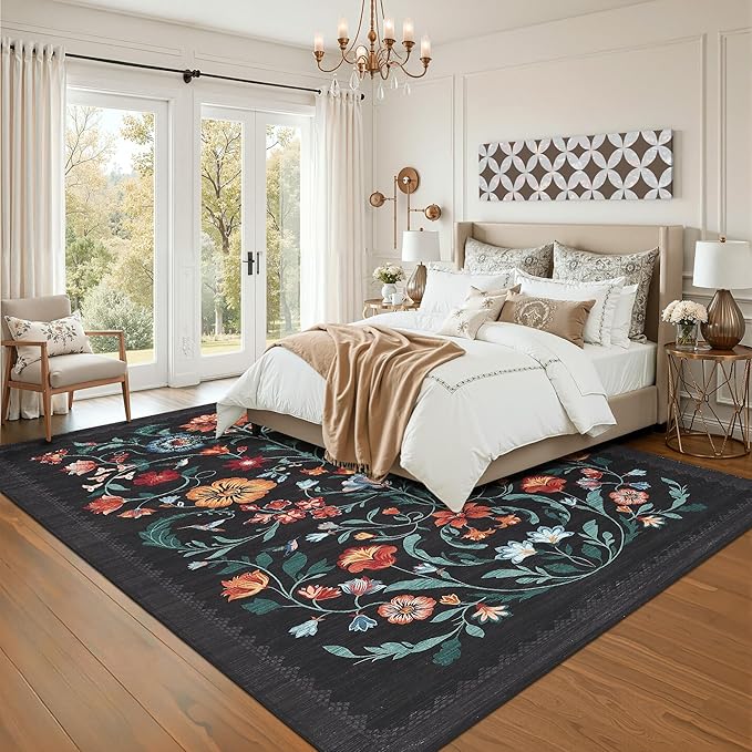 GarveeHome Washable Rug 8x10 Area Rugs for Living Room, Floral Rug for Bedroom, Soft Vintage Non Slip Throw Rugs with Rubber Back, Low Pile Stain Resistant Boho Floral Carpet for Dining Room, Black