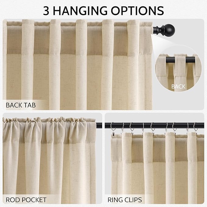 Nanspring Tan Semi Sheer Curtains 72 Inches Long for Bedroom Back Tab Rod Pocket Light Filtering Privacy Drapes Cotton Linen Textured Farmhouse Living Room Curtain 52X72 Inches,2 Panels