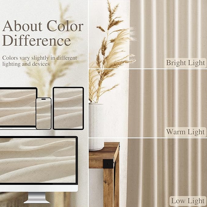 Birch Beige Linen Curtains 80 Inch Length for Living Room Light Filtering Semi Sheer Curtain Back Tab Modern Farmhouse Decor Elegant Luxury Coastal Drapes for Bedroom Dinner Room 52x80, 2 Panels