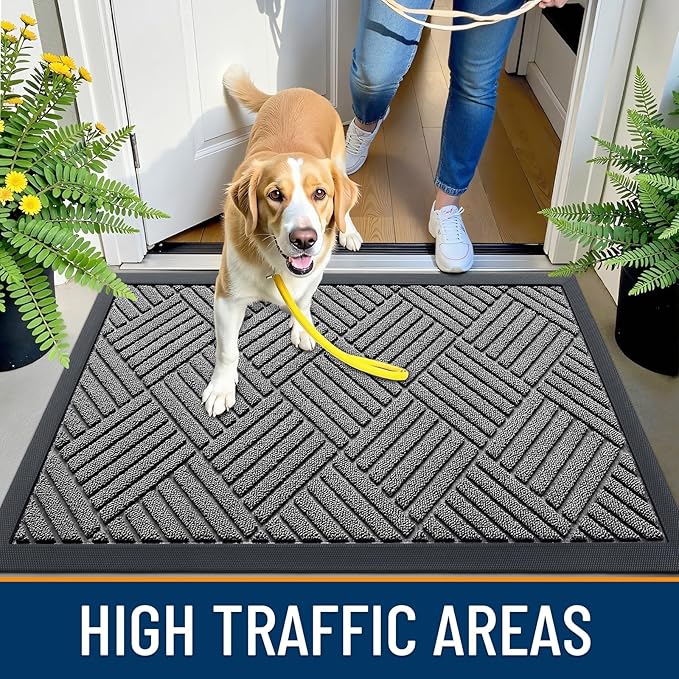 OLANLY Front Door Mat Outside Entrance 35x23, Absorbent, Heavy Duty Sturdy Natural Rubber Doormat Indoor Outdoor, Stain and Fade Resistant, Non-Slip Low Profile Floor Mat for Entryway, Grey Diamond