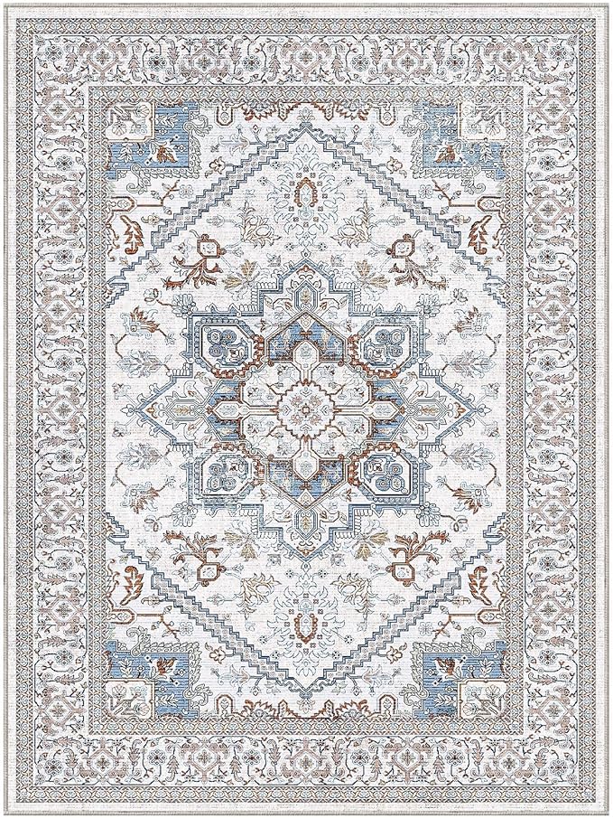 OPPODREAM Soft Neutral Area Rugs 9x12 Living Room, Washable Rugs 9x12 with Non Slip Backing, Faux Cashmere Low-Pile 9 x 12 Carpet, Cream White & Blue & Light Brown