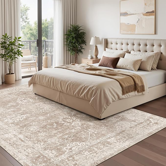 Madane 5x7 Area Rugs for Living Room, Washable Vintage Natural Rug with Non-Slip Backing, Soft Floral Print Throw Rugs Floor Low Pile Carpet for Bedroom Dining Room Farmhouse (5 x 7, Brown/Sand)