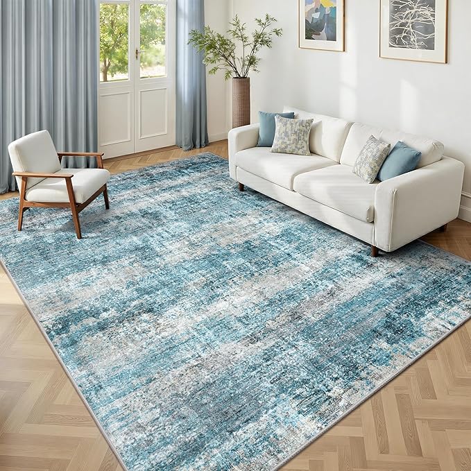 LEPEII 6x9 Area Rugs, Washable Modern Abstract Area Rugs for Living Room, Indoor Neutral Area Rug for Bedroom, Dining Room, Low Pile Non-Slip Non Shedding Rugs-Blue