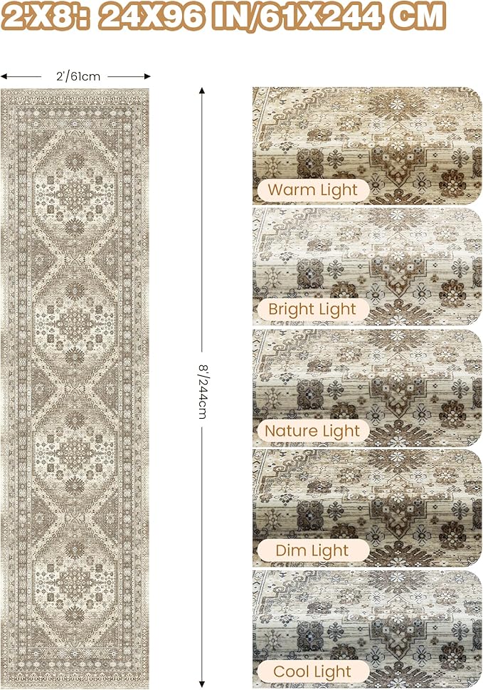 Runner Rug 2x8 Runners for Hallways Non Slip Washable, Vintage Hallway Runner Rugs for Living Room, Low Pile Soft Hallway Rug for Kitchen Bedroom Laundry Room Rug(Brown,2'x8')