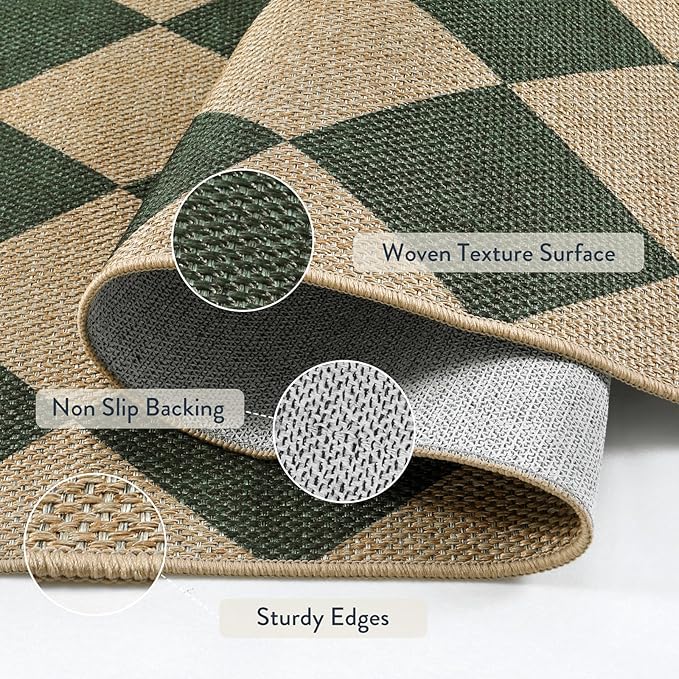 Lahome Colette Checkered Outdoor Patio Easy Jute Rug, 3x5 Dark Green Washable Front Porch Door Rug, Farmhouse Indoor Outdoor Carpet Non Slip Non Shedding Carpet for Entryway Living Room Deck