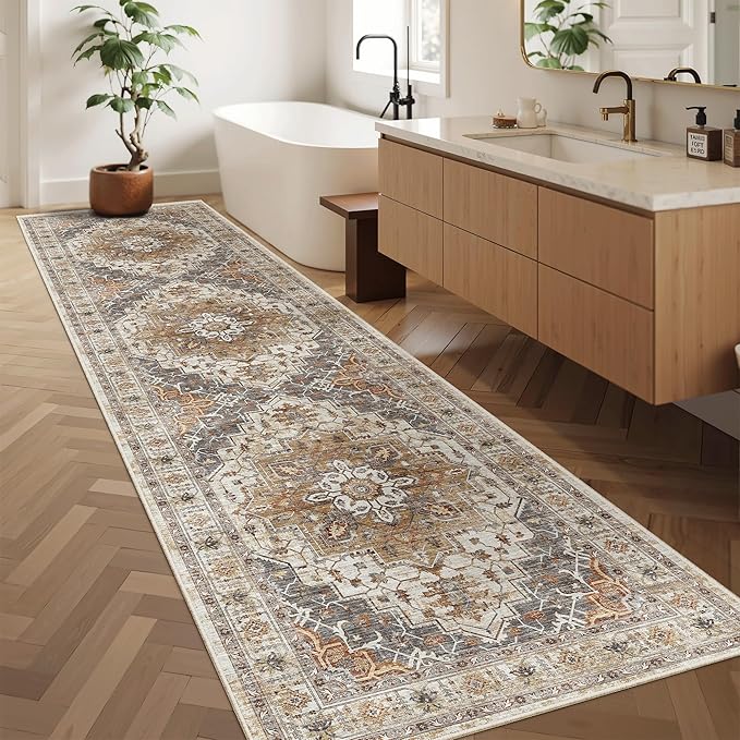 Madane Hallway Runner Rug 2'6''x10' Kitchen Runner, Non Slip Vintage Runners for Hallways Washable Kitchen Rugs Soft Low Pile 2.5x10 ft Rug Runner for Laundry Room, Entryway and Bedroom, Turmeric/Grey