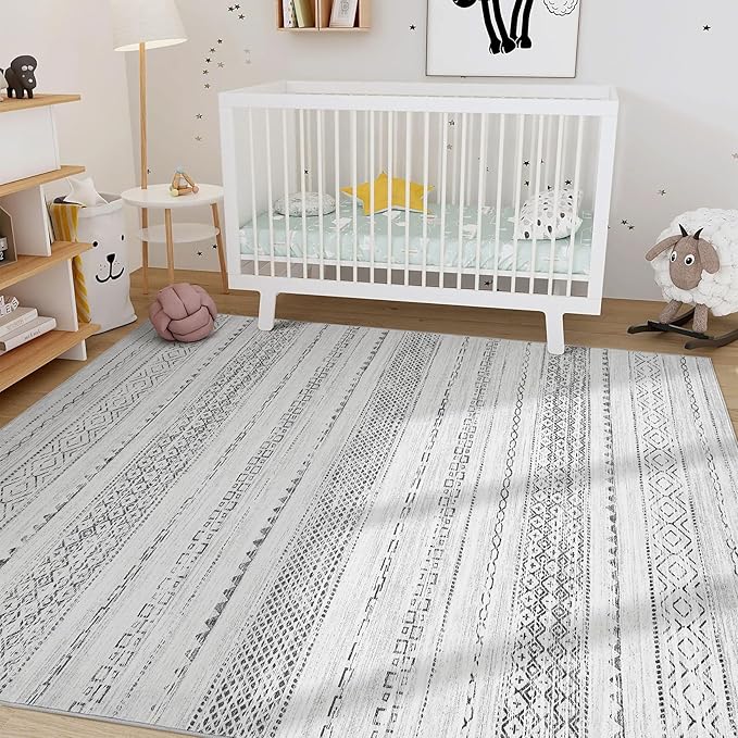 Nakagishi Area Rug Living Room Rugs: 4X6 Machine Washable Boho Large Neutral Farmhouse Stain Resistant Moroccan Indoor Floor Carpet for Bedroom Nursery Dorm Dining Room Home-Color Gray