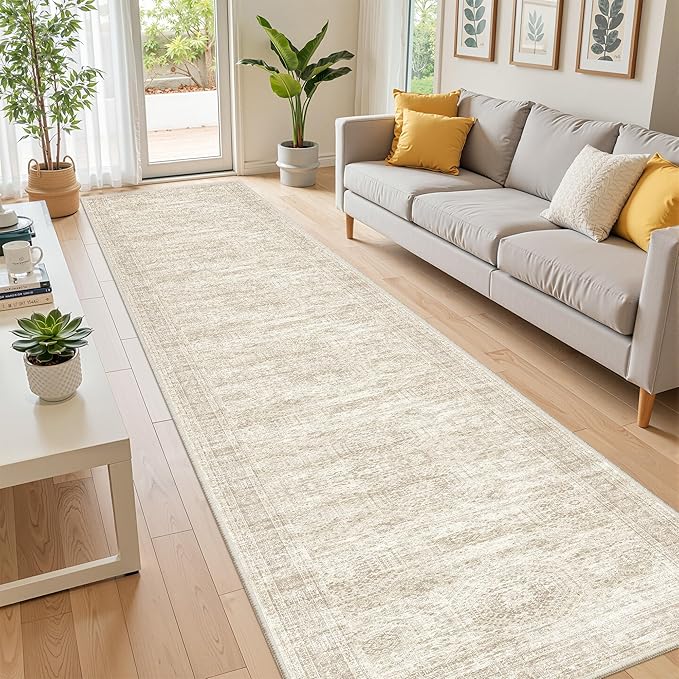 Long Hallway Runner Rug- Carpet Runners for Hallway 12ft, Anti Slip Backing Washable Rug Runner for Bathroom, Entrance, Living Room, Soft Low Pile Modern Rug Runner(2'x12', Beige/Ivory)