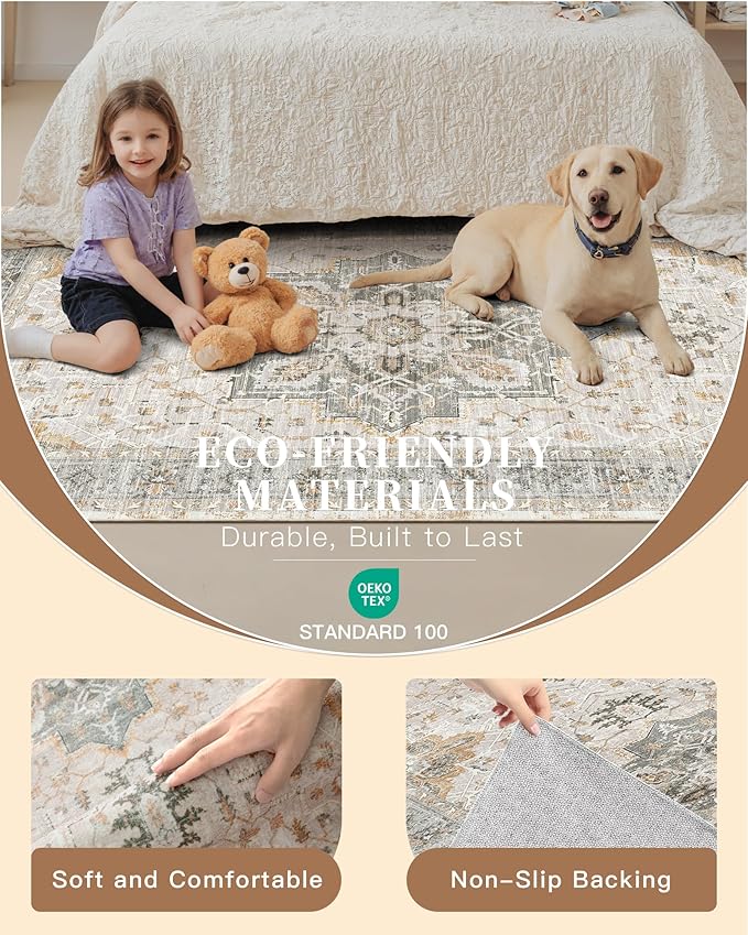 Madane Runner Rug 2x8, Washable Hallway Runner Rugs, Non-Slip Low-Pile Soft Kitchen Rug Runner Laundry Room Rug, Vintage Throw Entry Foyer Mat for Entrance Living Room (Light Taupe Brown, 2 x 8)