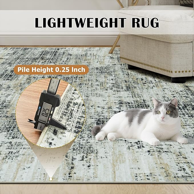 9x12 Area Rugs for Living Room Washable Rug: Anti-Skid Abstract Modern Living Room Rug Soft Thin Carpets Indoor Floor Non-Shedding Carpet for Bedroom Dining Farmhouse Nursery Black Gray Gold
