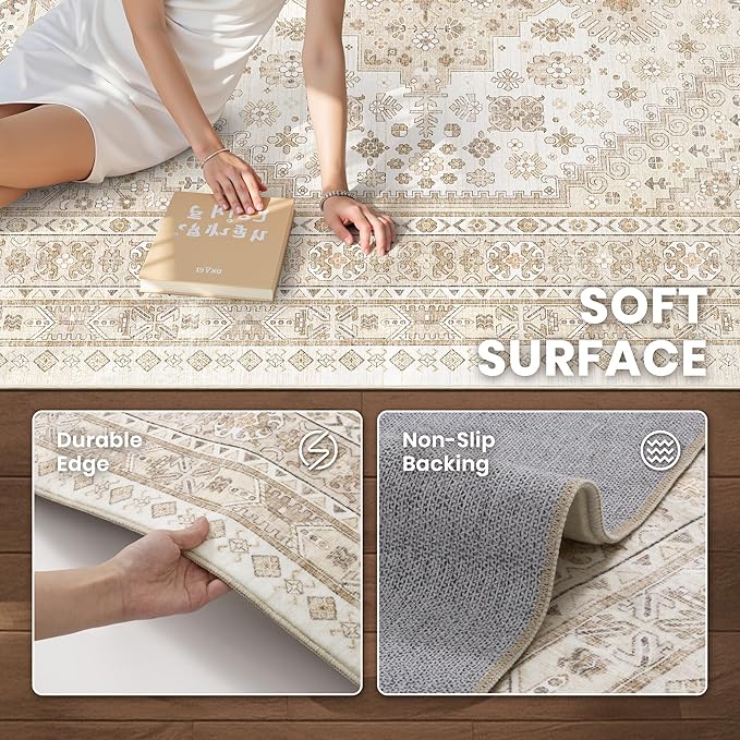 zesthome 8ft Round Rugs for Living Room, Non-Slip Washable Round Area Rugs, Ultra-Thin Large Circle Rugs, Soft Low Pile Rug for Bedroom, Kitchen - Vintage Stain Resistant Round Rug (Cream/Beige,8'x8')