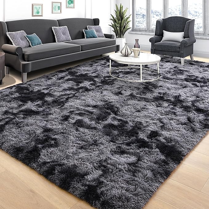 Tepook Soft Fluffy Rugs for Bedroom, 4x6 Area Rug for Living Room, Modern Shaggy Room Rug for Kids Boys Girls, Plush Throw Rugs Indoor Nursery Home Decor Rug with Non-Slip Bottom, Tie-dye Dark Grey