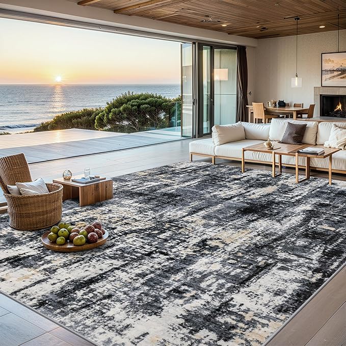 Area Rugs 10x12 Living Room - Washable Rug Modern Abstract Soft Large Neutral Non-Slip Carpet Indoor Floor Thin Carpets for Bedroom Dining Room Farmhouse Nursery Home Office Black Gold