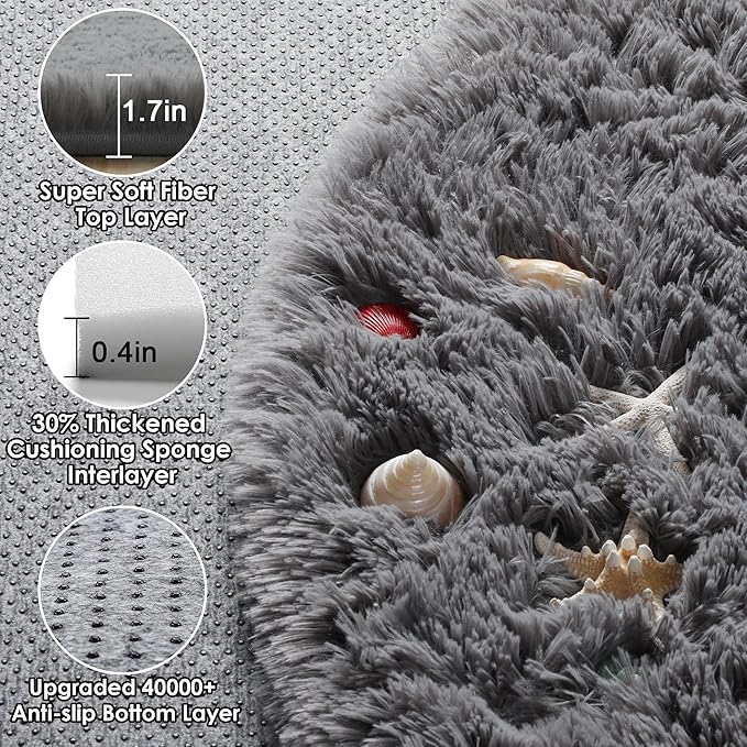 ONASAR Grey Round Rugs 8ft for Living Room, Fluffy Bedroom Circle Area Rug, Soft Plush Shaggy Carpet for Kids Girls Boys Teen Nursery Dorm Classroom Playroom Home Decor Aesthetic
