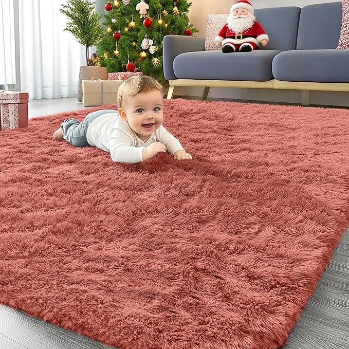 OLANLY Area Rugs for Living Room Bedroom, Machine Washable 4x5.9 ft Soft Fluffy Shaggy Bedside Rug, Indoor Floor Carpet for Kids Girls and Boys, Dorms, Nursery Rooms, Home Decor Aesthetic, Rust Red