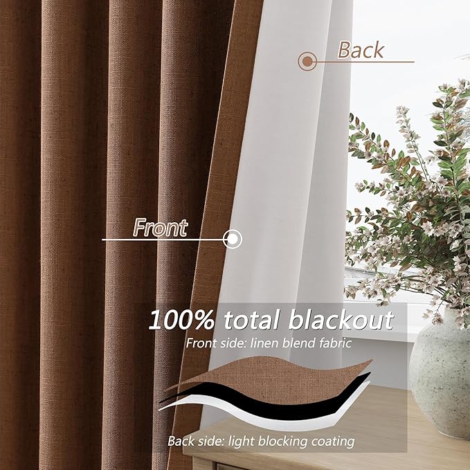 Guken 100% Blackout Linen Curtains 108 Inch Length 2 Panels Set for Living Room Bedroom Back Tab Thermal Insulated Black Out Linen Drapes Room Darkening Window Curtains,Caramel Brown