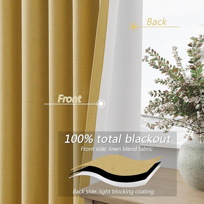 Guken 100% Blackout Curtains 90 Inch Length 2 Panels Set for Living Room Bedroom Back Tab Thermal Insulated Black Out Linen Drapes Room Darkening Window Curtains 90 Inches Long,Gold Yellow
