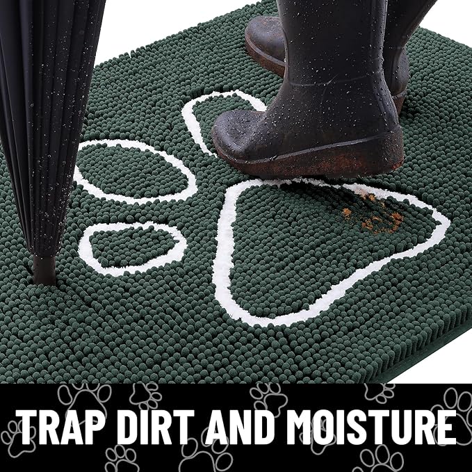 Smiry Dog Door Mat for Muddy Paws, Absorbent Dirt Trapper Non Slip Quick Dry Washable Chenille Mat for Mud Dogs, Entry Rug for Indoor and Outdoor (48x30 Inches, Green and White)