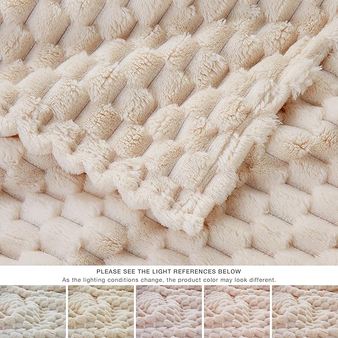 EXQ Home Fleece Blanket Queen Size for Bed or Couch - 3D Imitation Turtle Shell Jacquard Decorative Blankets - Cozy Soft Lightweight Fuzzy Flannel Blanket Suitable for All Seasons(90"×90",Beige)