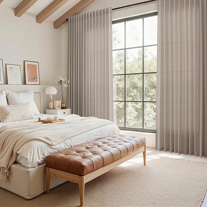 Nanspring Ecru Curtains 90 Inches Long for Living Room Linen Blend Light Filtering Semi Sheer Curtain Back Tab Rod Pocket Rustic Decor Natural Farmhouse Elegant Drapes for Bedroom 52x90, 2 Panels