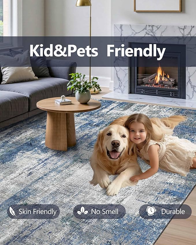 Latte&Fog 5x7 Area Rugs for Living Room Bedroom, Blue Modern Abstract Neutral Washable Rug, Boho Non Slip Low Pile Carpet for Dining Room,Dorm,Classroom,College Dorm and Farmhouse - Blue Grey