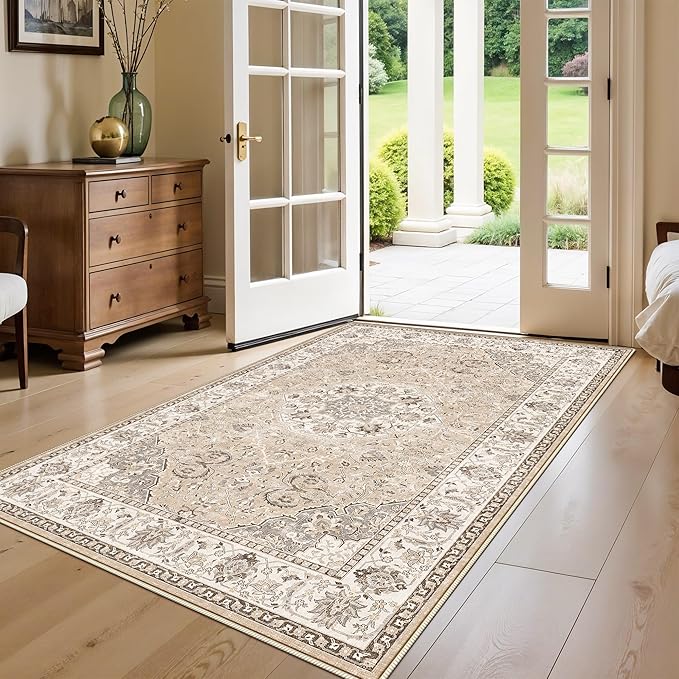 Living Room 4x6 Area Rugs: Vintage Farmhouse Washable Non-Slip Rug for Bedroom Dining Room Ultra Thin Soft Carpet for Nursery Kitchen Durable Low-Pile Neutral Floor Mat for Pet Owners(4x6 Beige)