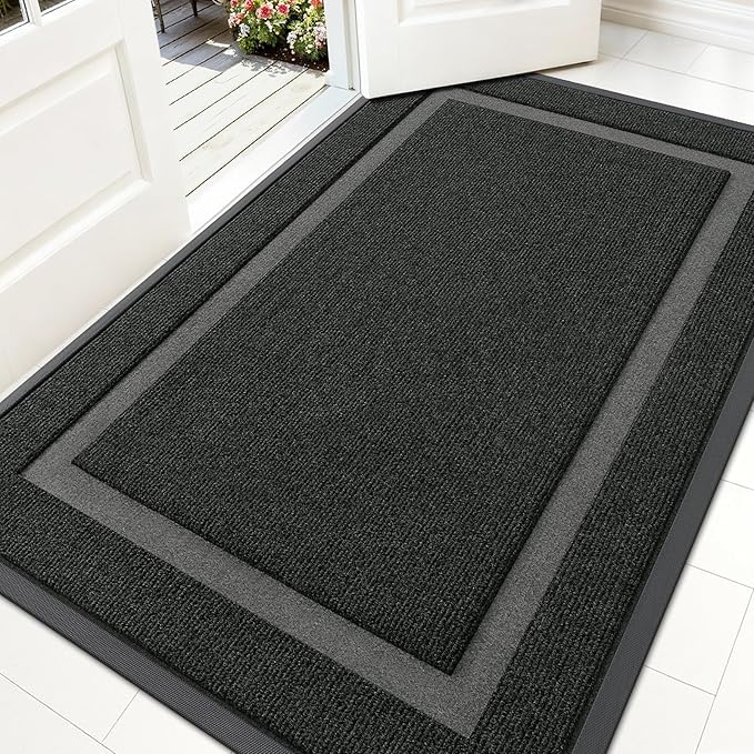 OLANLY Front Door Mat Indoor Outdoor Entrance, Waterproof All-Season, All-Weather Doormat, Sturdy Natural Rubber, Fade Resistant, Low Profile, Easy Clean Patio Porch Entryway Mat, 59x30, Black