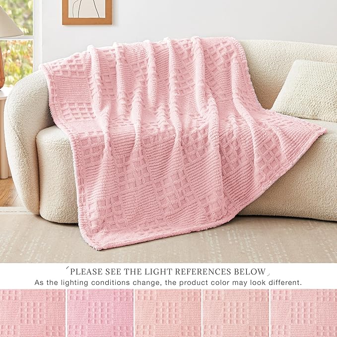 EXQ Home Fleece Throw Blanket for Couch or Bed - 3D Waffle Patchwork Pattern Jacquard Decorative Blankets - Cozy Soft Fuzzy Flannel Blanket Suitable for All Seasons(50"×60",Pink)
