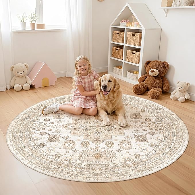 zesthome Washable Round Area Rugs - Non-Slip 6ft Round Rugs, Ultra-Thin Large Circle Rugs for Living Room, Soft Low Pile Rug for Bedroom, Kitchen, Nursery - Vintage Round Rug(Cream/Beige,6'x6')