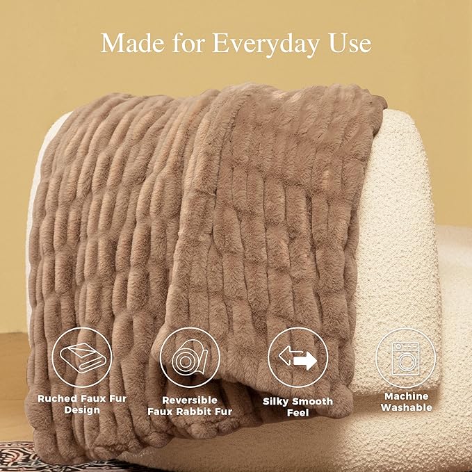 Ultra Soft Cozy Faux Fur Throw Blanket, Fuzzy Plush Thick Bubble Blanket, Oversize Luxury Fluffy Blanket for Couch, Sofa, Bedroom, and Living Room,50x60 Inches,Double Sided Light Brown