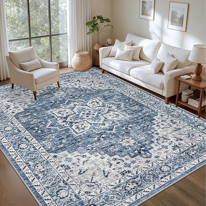 Area Rugs 10x12 Living Room Rug: Washable Rug Soft Vintage Boho Medallion Carpet Indoor Floor Non-Slip Stain Resistant Large Carpets for Bedroom Dining Room Farmhouse Nursery Home Office Blue