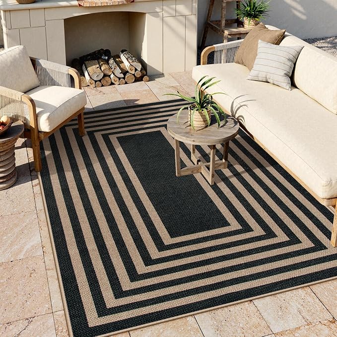 Lahome Enfys Modern Geometric Easy Jute Outdoor Rug, 5x7 Patio Living Room Rug Large Black Carpet for Bedroom, Farmhouse Washable Indoor Outdoor Carpet for Dining Room Backyard Deck