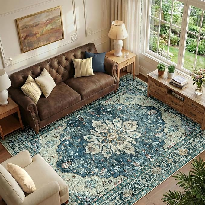 RELEANY Area Rugs 6'x9' Washable Non-Slip, Floral Vintage Distress Print Pattern Medallion Carpet for Living Room Bedroom Dining Room, Dark Blue Vintage